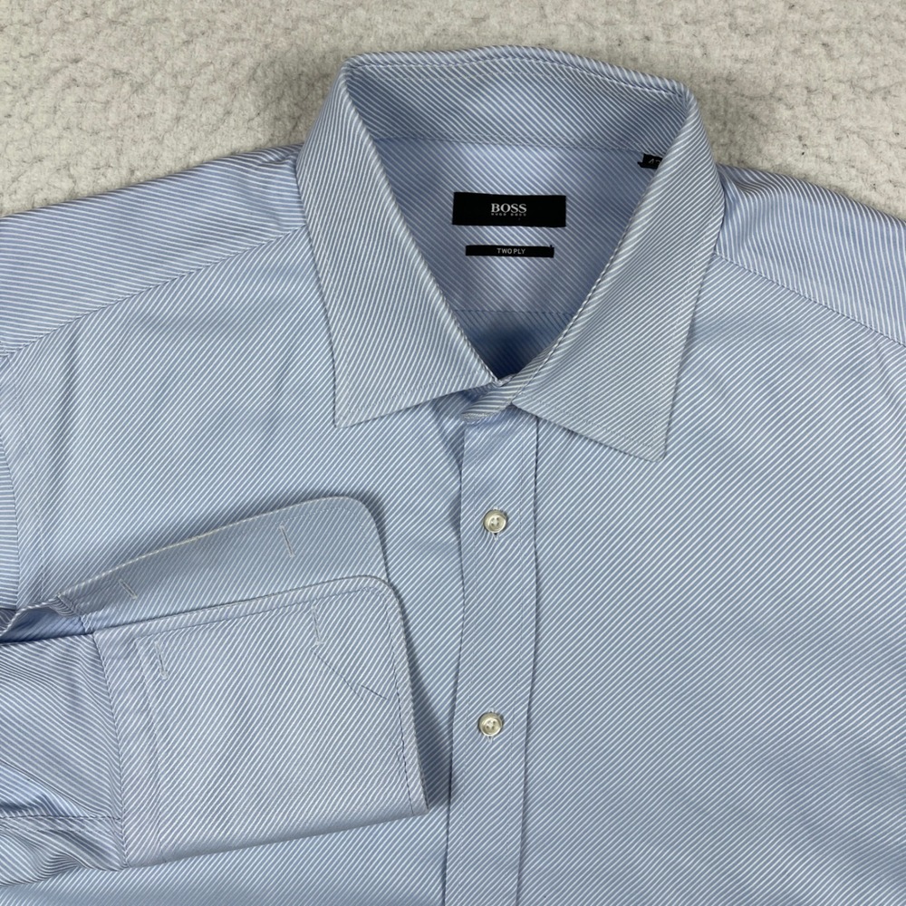 Hugo Boss Dress Shirt Mens 17 Blue Micro Stripe French Cuff Two Ply Luxury